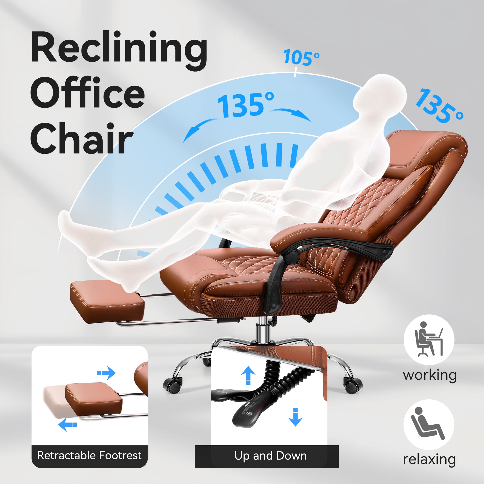 FASTES Ergonomic Office Chair, Big and Tall Leather Desk Chair with Footrest and Lumbar Support, 2-Position Reclining Executive Computer Chair, Brown