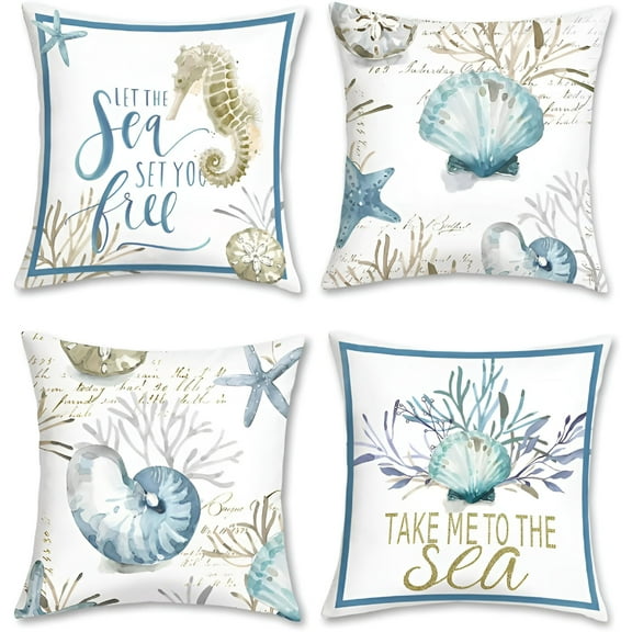 LAMIRO Nautical Coastal Throw Pillow Covers 20x20 Set of 4 Ocean Themed Beach Seashell Coral Starfish Pillows Case Soft Velvet Cushion Covers for Outdoor Sofa Home Decor