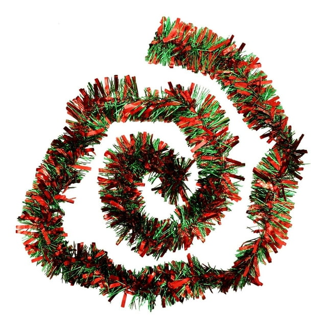 Tinsel Garland Metallic (2 Pack, 15 ft ea) Holiday Streamers Christmas Tree Decoration, Big and Thin Strands (Red and Green Mix)
