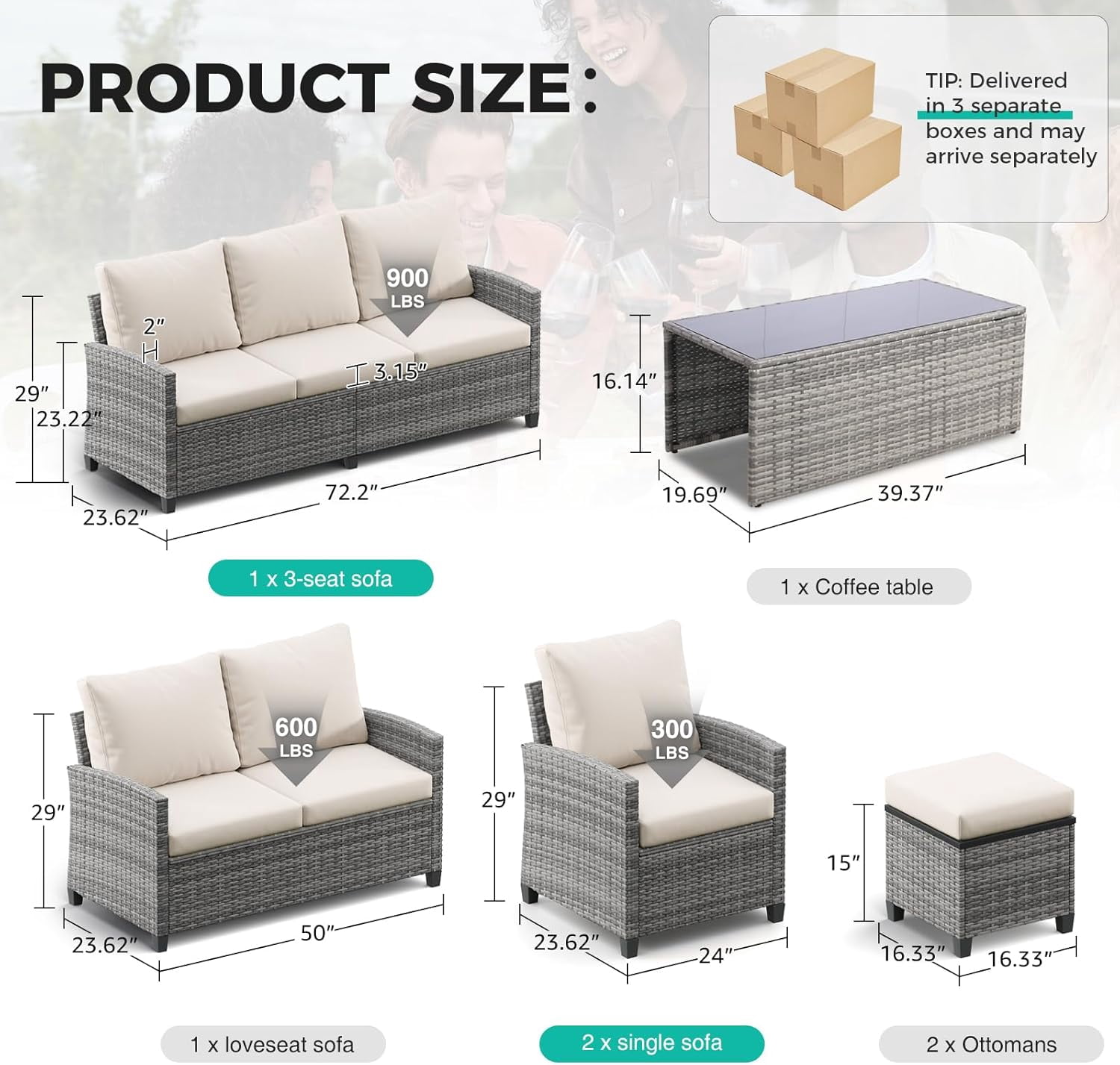 Ainfox 7-Piece Outdoor Wicker Patio Furniture Set, Sectional Conversation Set with 3-Seat Sofa, Loveseat, Coffee Table, Chairs & Ottomans, Gray, Space-Saving Design for Backyard, Porch, Poolside