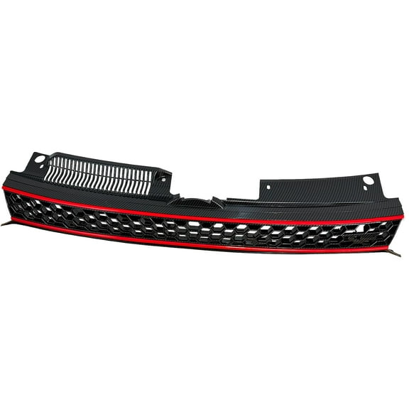 BST BSSP Front Bumper Grille Carbon Fiber Print Upper Hex Mesh Grill Comptble with 2010 2011 2012 2013 VW MK6 GOLF GTI Sport, ABS Material, W/Red Trim