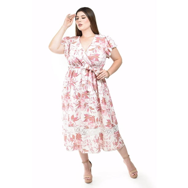 Vestido de lino con encanje Roman Fashion rosa 36 Tallas Extras