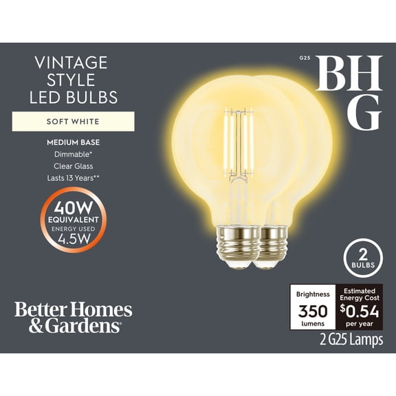 Better Homes & Gardens LED Bulb, 4.5W (40W Equivalent), G25 Vintage Style, E26 Base, Dimmable, Soft White, 2-Pack