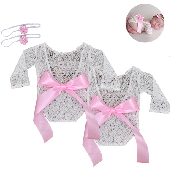 Newborn Baby Lace Rompers Photography Props With Bow Headdress Shoot Outfits For Infant Boy Girl Princess Twins - Pink