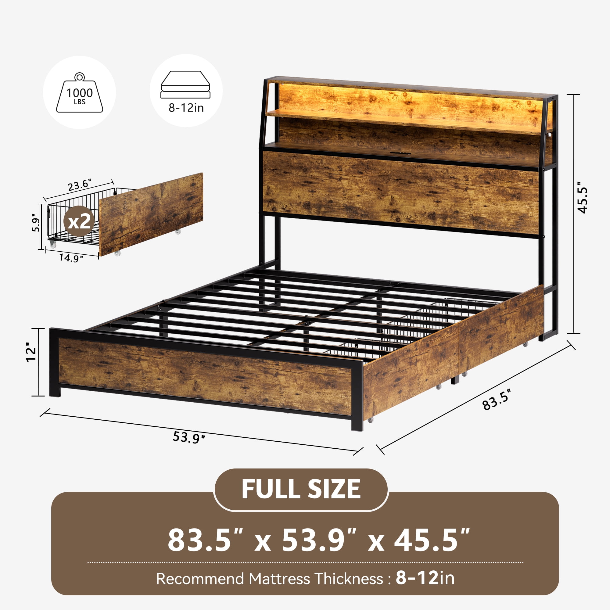 GUNAITO Full Bed Frame with Storage Headboard, 2 Drawers Platform LED Bed Frame with USB Ports & Outlets Brown
