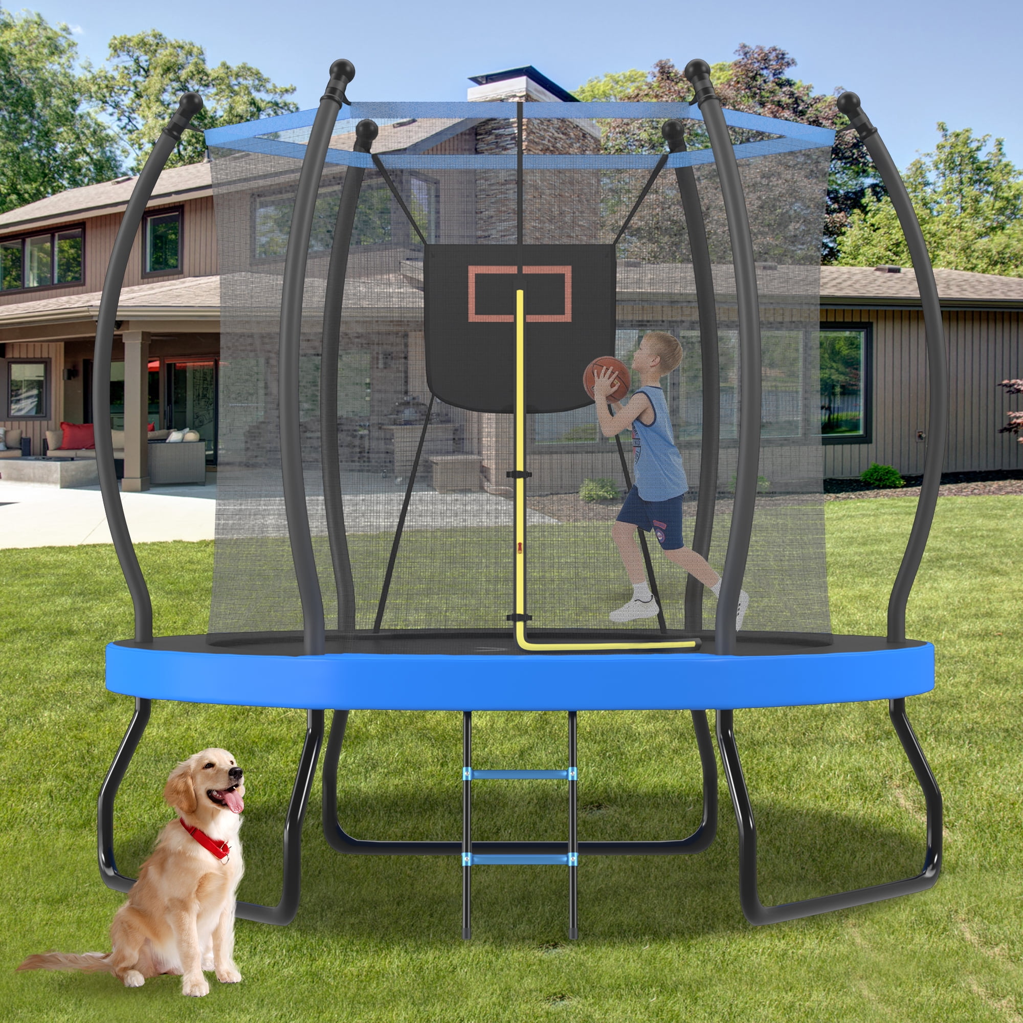 8FT Trampoline with Basketball Hoop, Enclosure Net and Ladder, Outdoor Recreational Backyard Trampoline