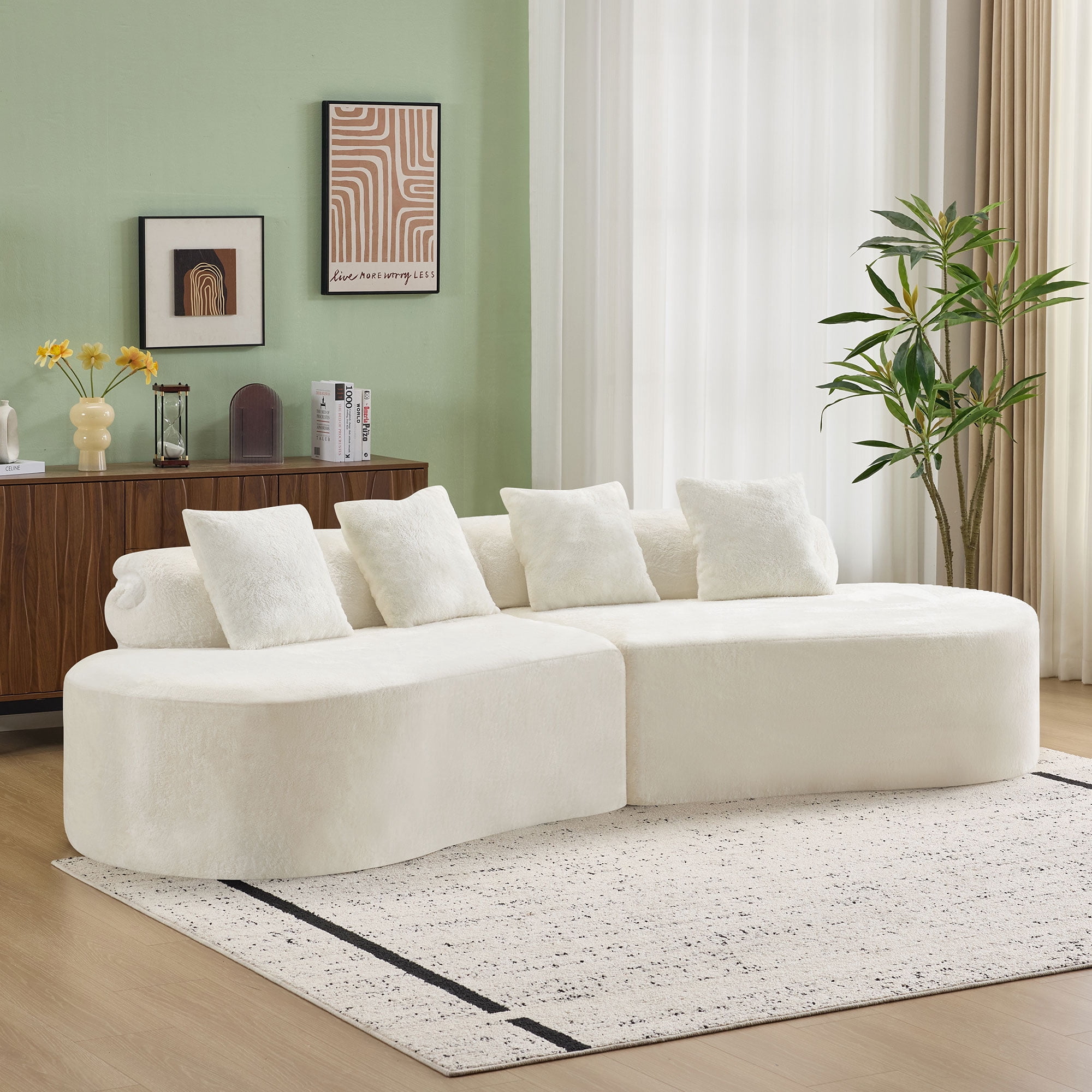 Modular Sofa, White Curved Plush Sectional with Foam Spring Support, 111-Inch Multi-Seat Sleeper for Living Room and Small Spaces