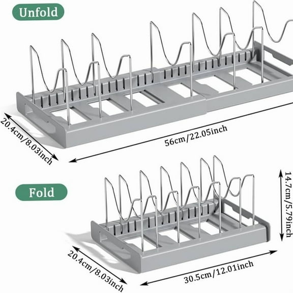Expandable Pot and Pan Organizer Rack for Cabinet, Pot Lid Organizer Holder with7 Stainless Steel Adjustable Dividers for Kitchen Cabinet Organizer and Storage , ideal for Baking Pans,(White, Grey)