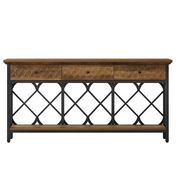 Barara King 70.87" Extra Long Industrial 2-Tier Narrow Console Table, Entryway Table with 3 Drawers, Console Sofa Table for Living Room, Entryway, Hallway, Brown