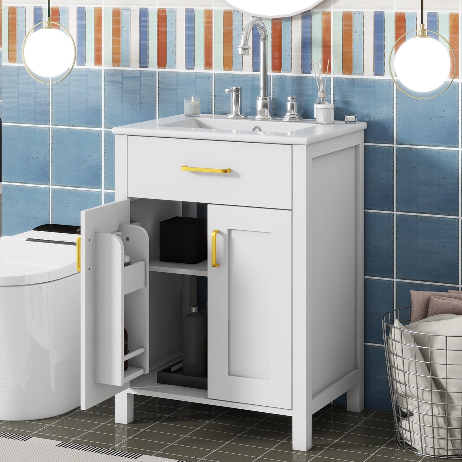 Harper & Bright Designs 24" Bathroom Vanity Combo with Ceramic sink, Small Bathroom Vanity Cabinet with 2 Storage Soft Close Doors, Gold+White
