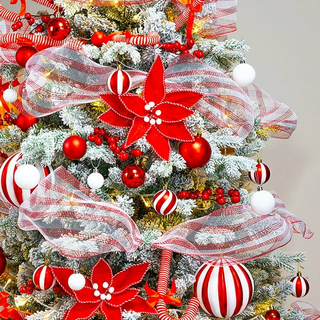 Cagogo under $5 Christmas Candy Striped Mesh Ribbon, Christmas Candy Stripe Mesh,Rolled Decorative Ribbon,Diy Christmas Tree Decor,Red and White Striped Mesh,Festive Craft Ribbon