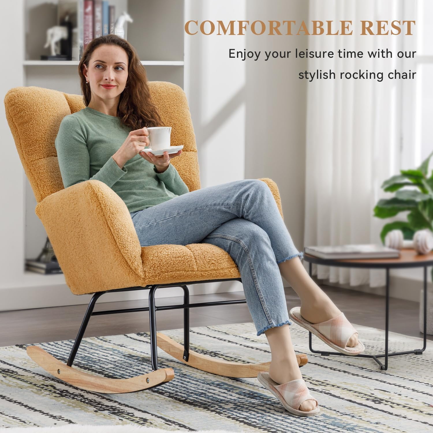 Rocking Chair Nursery Teddy Upholstered Glider Rocker High Backrest Nursery Rocker Comfortable Armchair