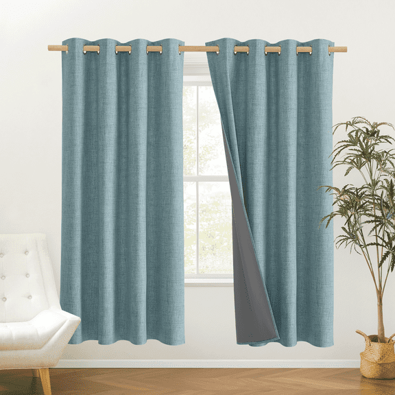 NICETOWN 100% Blackout Linen Curtains for Bedroom, Faux Linen Drapes Thermal Insulated Grommet Window Treatment, 52"x72", Skylark Blue, 2 Panels