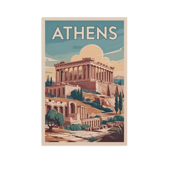 Ancient Athens Vintage Poster Retro Greek Tourism with Olive Trees And Ruins Canvas Poster