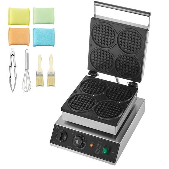 KFFKFF Professional Waffle Maker, 4-Slot Circular Waffle Cooking Device, 1750W Durable Non-Stick Stainless Steel, Adjustable Temp and Timer, Ideal for Cafes, Bakeries, and Home Use