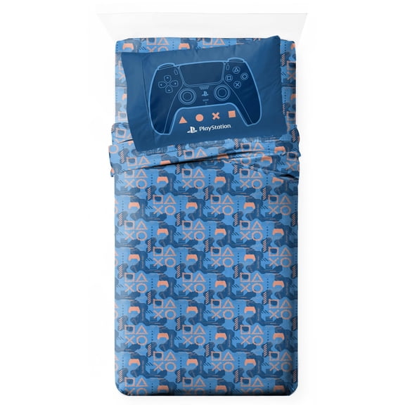 Jay Franco Kids Sheet Cartoon Set with Fitted, Flat Sheets & Pillow Cover - Ultra-Soft Bedding with Pillowcase for Room Decor, Blue - PlayStation, 3 Piece Twin