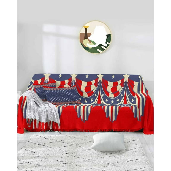 4th of July Sofa Covers for 3 Cushion Couch,Washable Sectional & L Shape Couch Covers for Dog/Cat/Kid,Geometric Red Blue Star Stripes Flag Non Slip Sofa Slipcover Tassel Futon Cover 71''x150''