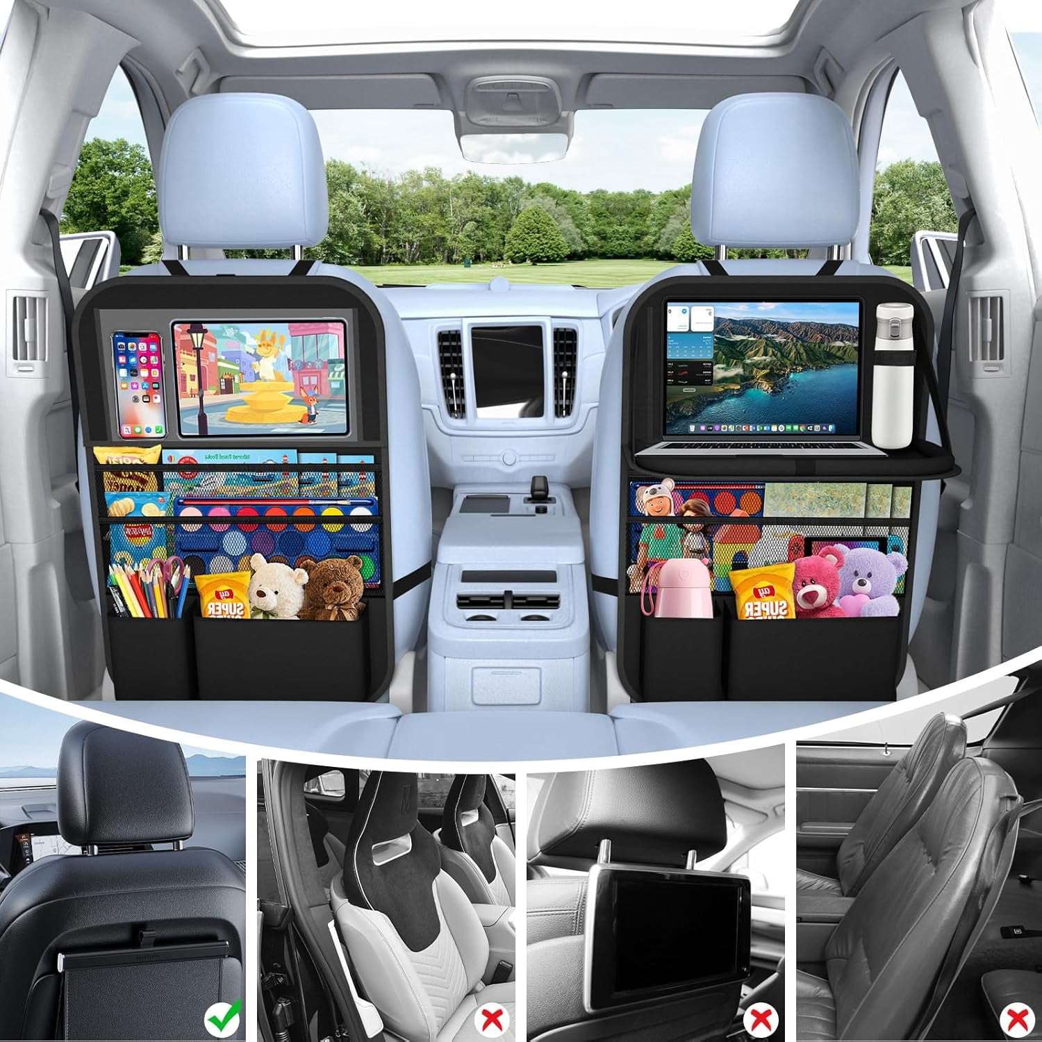 Car Backseat Organizer with table Tray, 9 Storage Pockets Backseat Car Organizer with Tablet Holder, Back seat Organizer for Kids Road Trip Essentials Travel (1Pack)