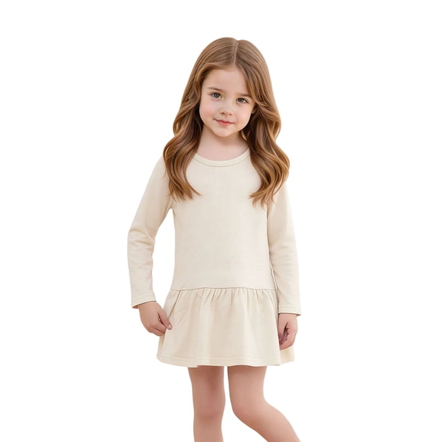 Kids Girls Versatile Organic Cotton Dress Long Sleeve Ruffle Trim Flowy Dress for Home, School Daily Wear