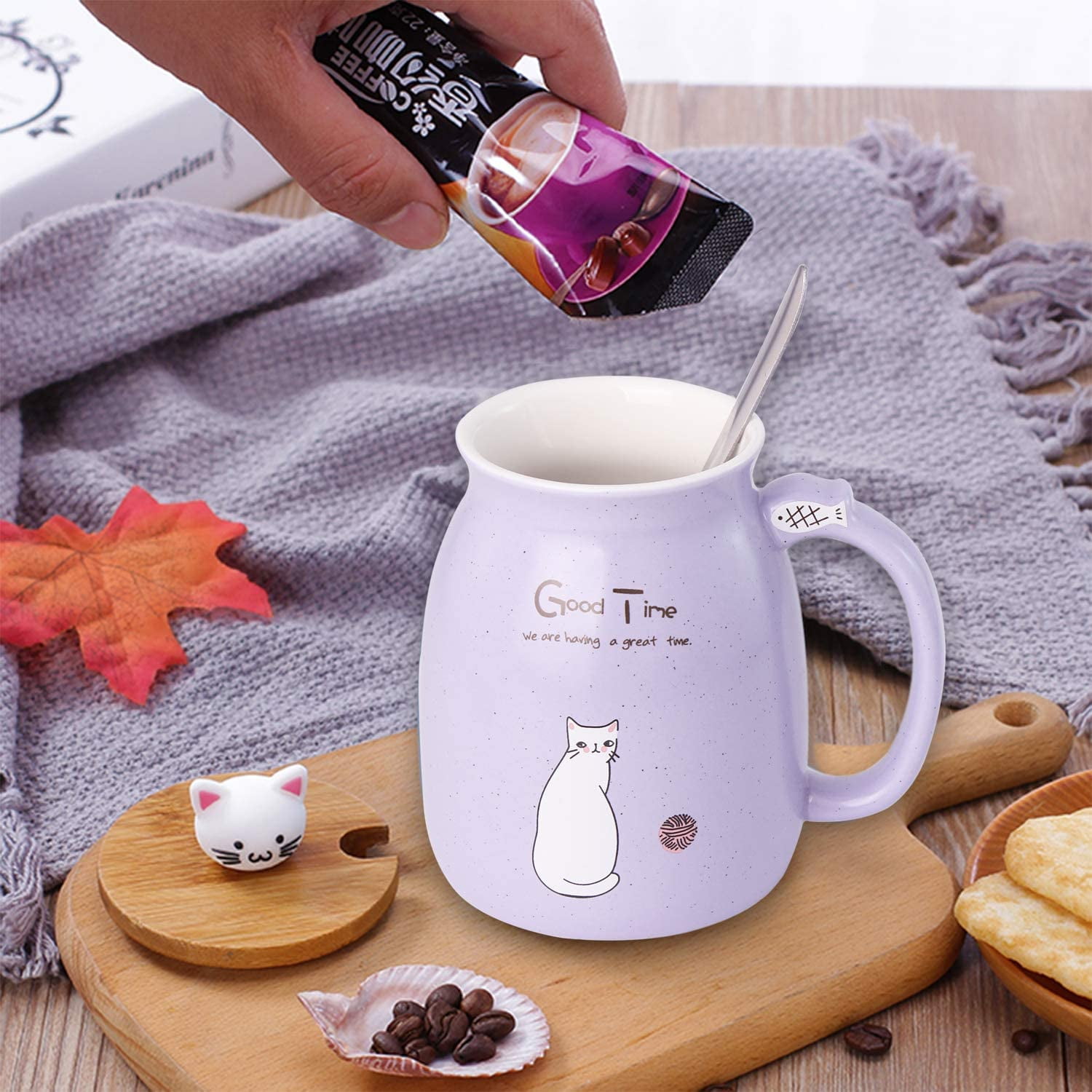 Ceramic Tea Cup Milk Mug with Lovely Kitty Bamboo lid 15oz Cute Cat Coffee Mug 