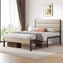 Lifezone Full Bed Frame with Rustic Vintage Wood Headboard and Footboard,Metal Support,Beige