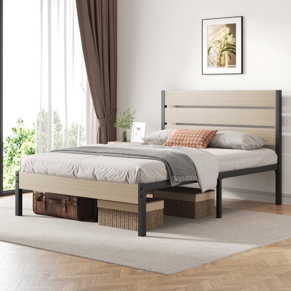 Lifezone Full Bed Frame with Rustic Vintage Wood Headboard and Footboard,Metal Support,Beige