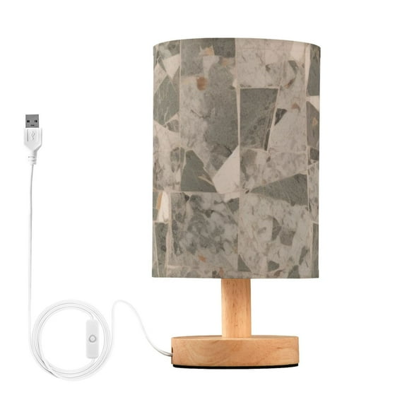 Bedside Desk Lamp LED Terrazzo Floor Table Nightstand Lamps Warm Light Fabric Lampshade for Home Bedroom Office Living Room Decor