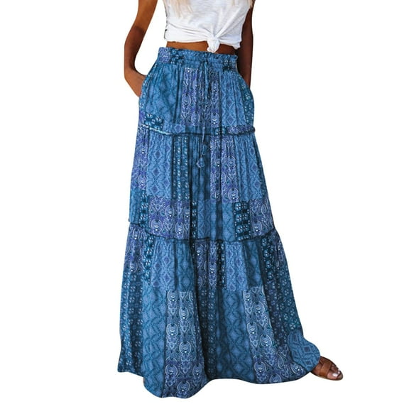 Tiqkatyck Skirts for Women, Womens Long Boho Flowers High Elastic Waist with Pockets and Belt Maxi Skirt Pleated Skirt Beach Skirt Casual Skirt Long Skirt Blue