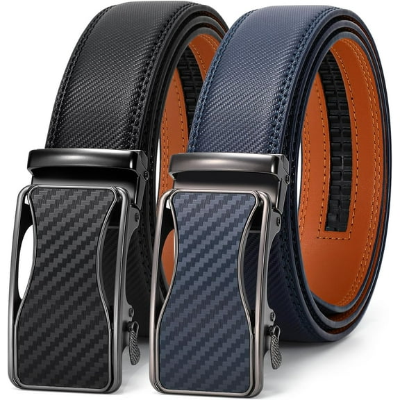 Mens Belt 2 Pack, Leather Ratchet Belt for Men Dress Belt with Adjustable Buckle, Trim to Fit