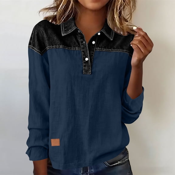 thefmos Women Fall Winter Collared Long Sleeve Button Down Tops Casual Basic Pullover Blouses Solid Dressy Shirt Trendy Vacation Fashion Clothes, Navy 2XL