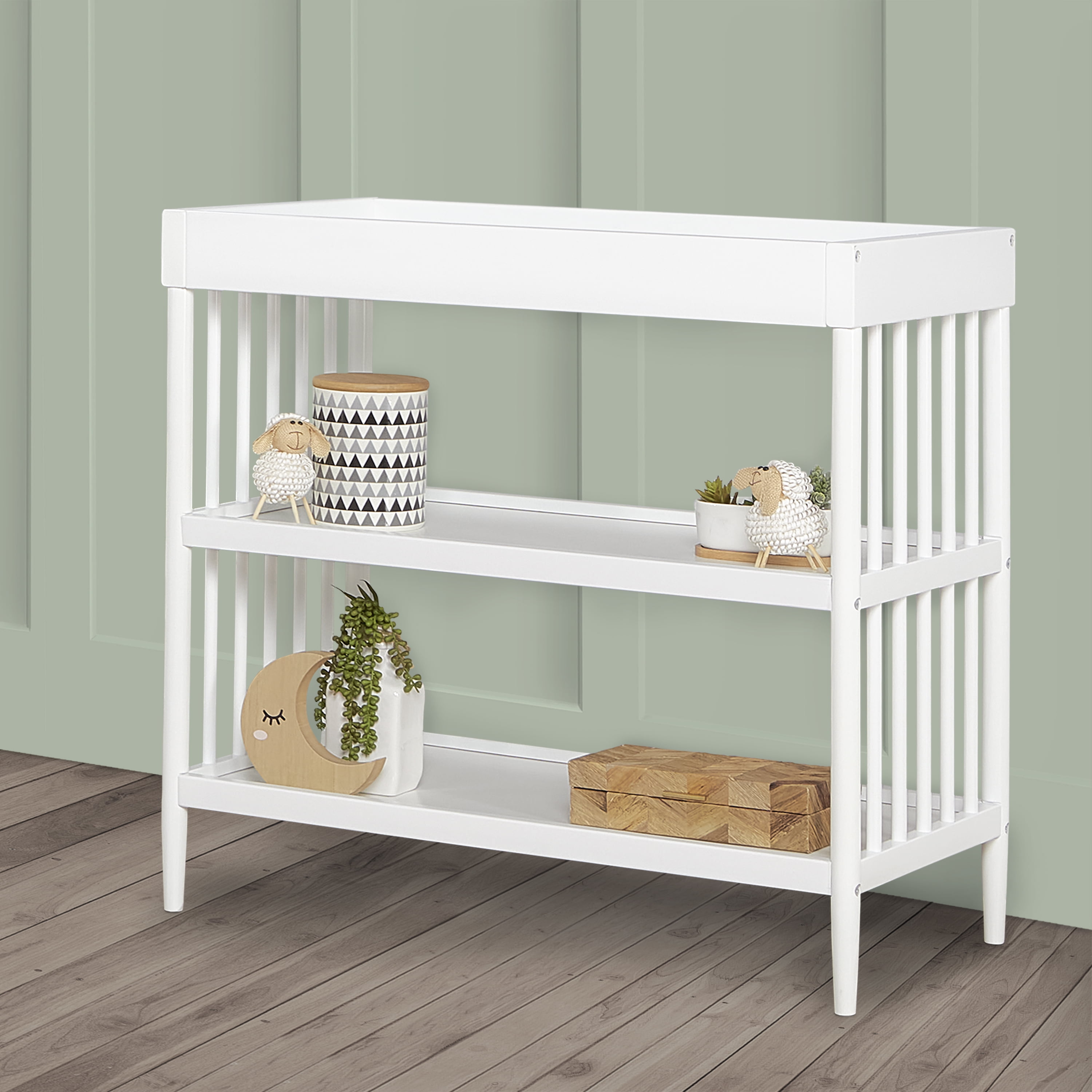 Bundle of Dream On Me Clover 4 in 1 Modern Island Crib with Rounded Spindles, Dream On Me Clover Changing Table, with a Dream On Me Honeycomb Firm Fiber Standard Crib Mattress, White