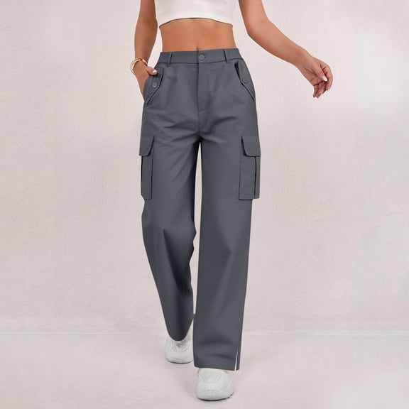 Women's Cargo Pants Baggy Jeans High Waisted Casual Stretchy Wide Leg Streetwear with 4 Pockets for Women Dark Gray S