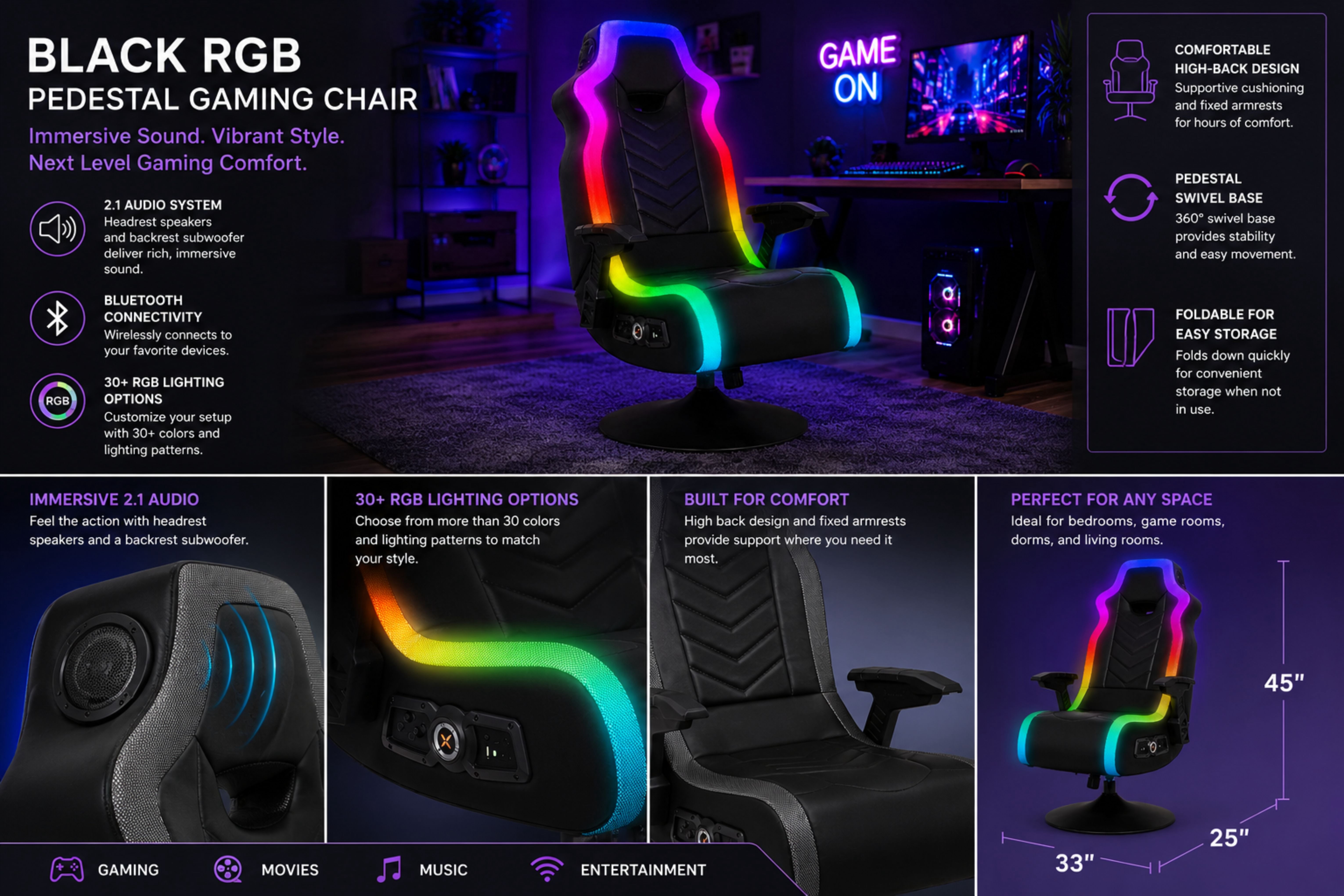 Black RGB Pedestal Gaming Chair with Fixed Armrest, 33" x 25" x 45"