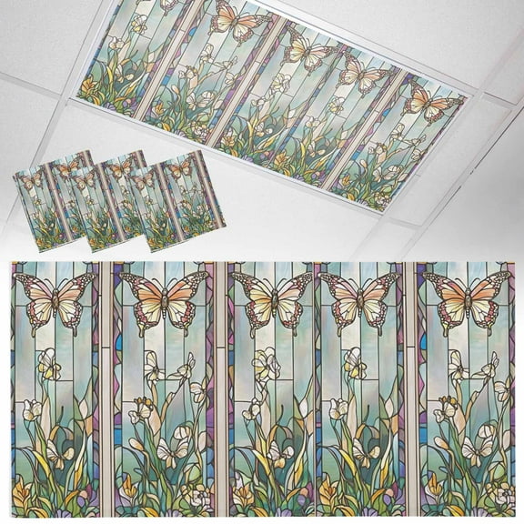 3 Pack Purple Vintage Stained Glass Fluorescent Light Covers for Ceiling Lights Flowers Butterfly Magnetic Ceiling Light Covers Overhead Light Filters for Office Classroom Home