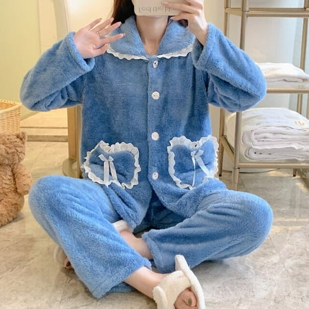 

DanceeMangoo Autumn Winter New Warm Flannel Womens Pajamas Set Lapel Long-sleeved Trousers Two-piece Set Soft Home Wear Clothes for Women