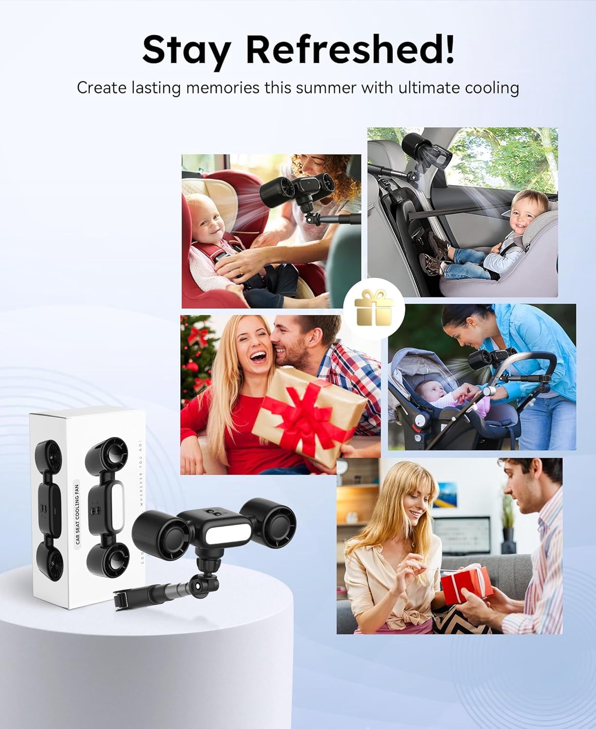 Wiher Car Fans, Seat Cooling Fan 3 Wind Speeds with Night Light 360° Dual Head USB Car Fan Portable Fans for Car Backseat for Kids (Black)