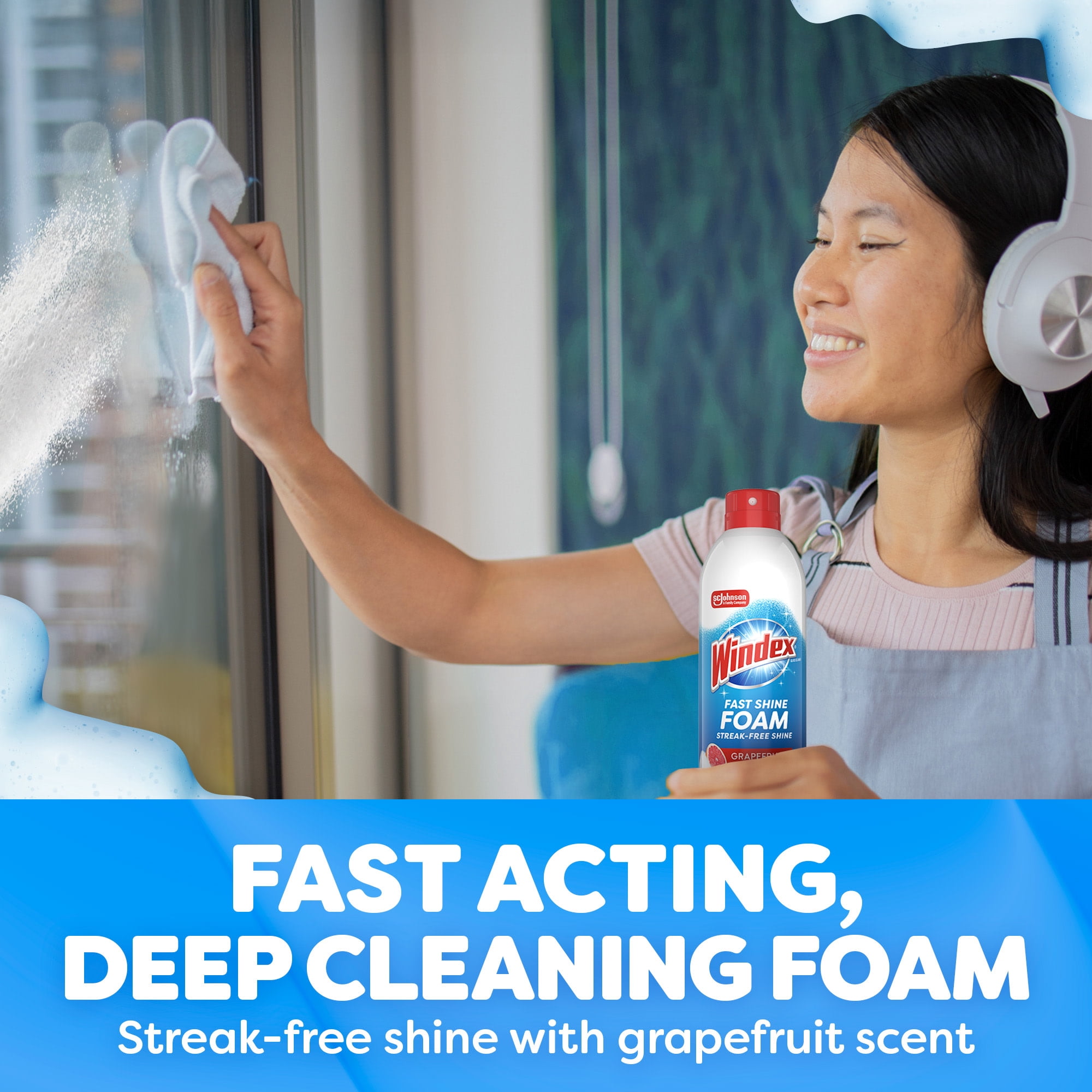 (6 pack) Windex Fast Shine Foam Glass, Window, and Mirror All Purpose Cleaner, No-Drip Aerosol Cleaning Spray, Grapefruit, 19 oz