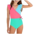 thumbnail image 2 of YTCAMLO Little Girls One Piece Swimsuits Summer Fashion Color Block Patchwork V Neck Ruffle Sleeve Bathing Suits Quick Dry Beach Swimwear, Green 15-16 Years, 2 of 8