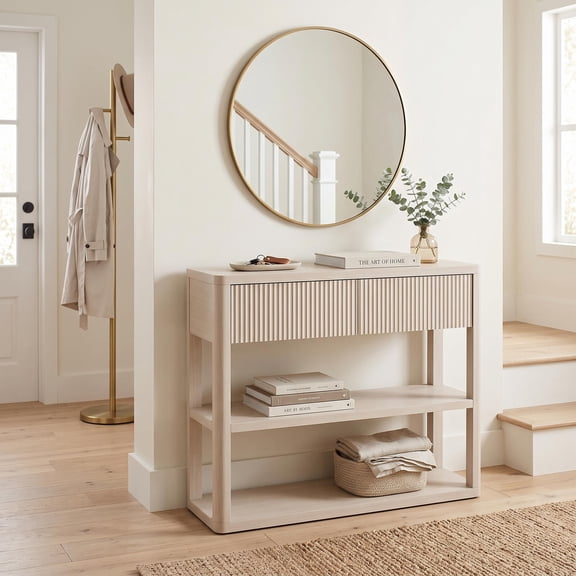 BouPower 44" x 14" Narrow Console Table With 2 Drawers, 3-Tier Storage, Entryway Sofa Table, Greyish White