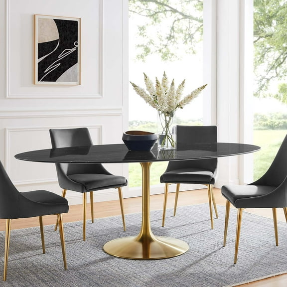 Modway Lippa 78" Oval Modern Artificial Marble/Metal Dining Table in Gold/Black