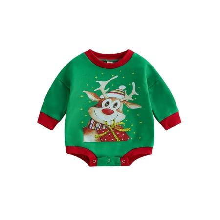

Bagilaanoe Newborn Baby Girl Boy Christmas Rompers Reindeer Print Long Sleeve Bodysuits 6M 12M 18M 24M Infant Casual One Piece Short Jumpsuit