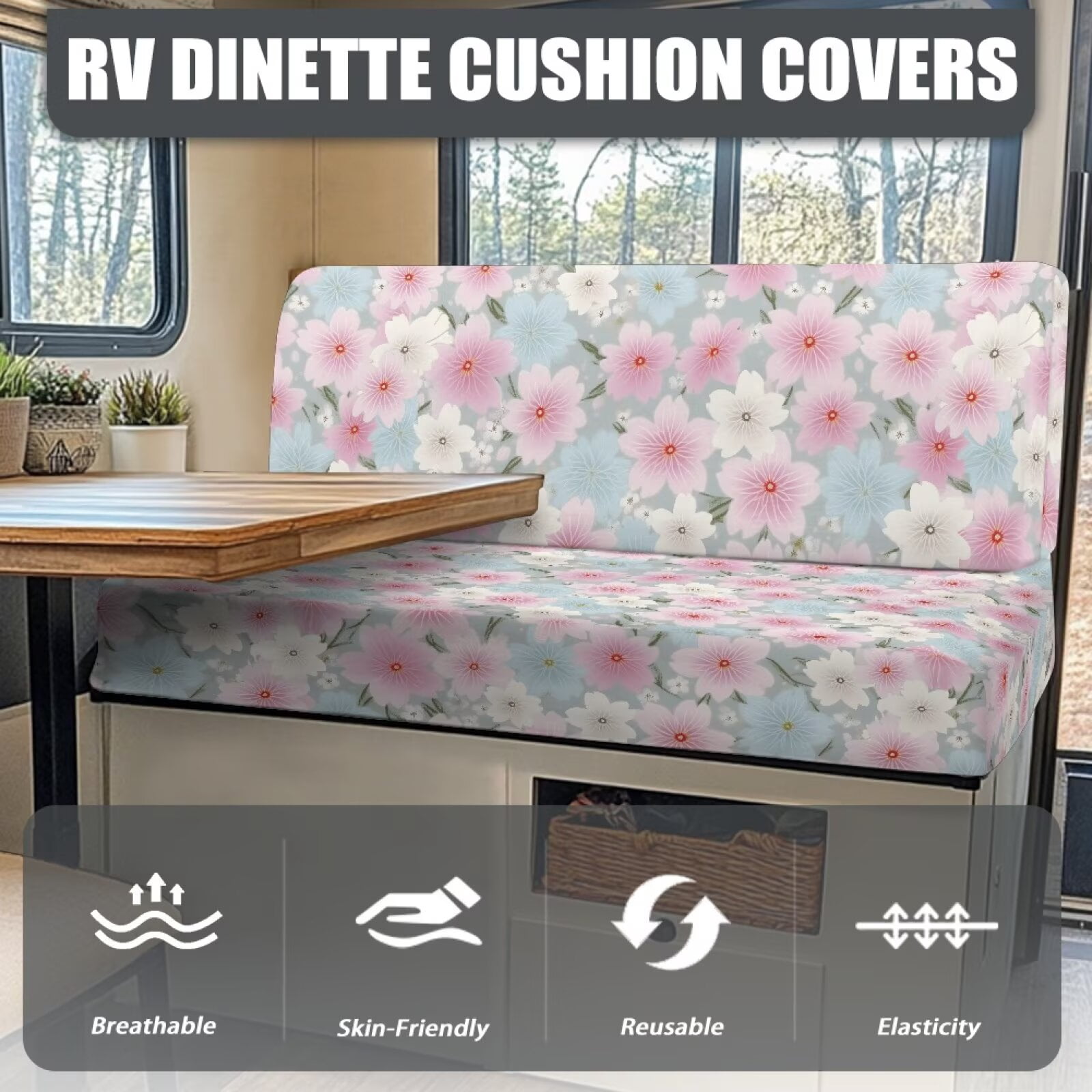 Boatee Beautiful Cherry Blossom RV Dinette Cushions Washable Furniture Covers Universal Camper Accessories Stretchable Couch Cover 2 Cushion Sofa for 2 Seat Cushion Couch Pink