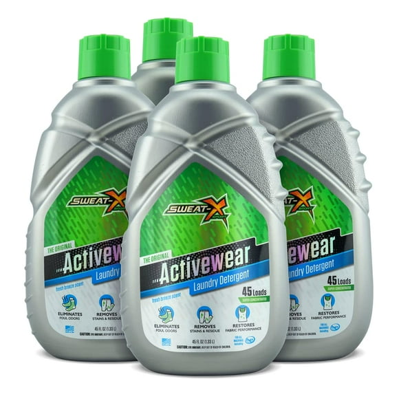 Sweat X Détergent à Lessive pour Vêtements de Sport Original – Élimine les Pires Odeurs et les Taches les Plus Tenaces – Lavage Sportif Haute Performance pour l'Entraînement et Tous les Types de Tissus – 45 Brassées/bouteille – Lot de 4