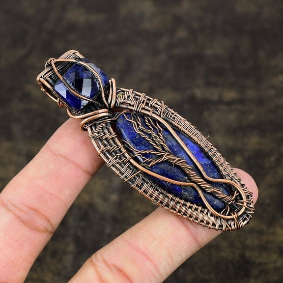 Natural Lapis Lazuli Gemstone Handmade Copper Wire Wrap Pendant 3.35"