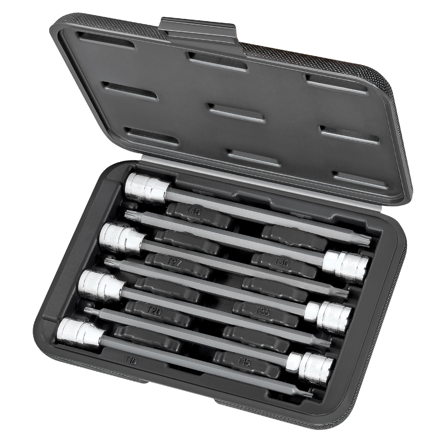 Carbyne 7-Piece Torx Extra Long Bit Socket Set, T10 to T40, 3/8 in. Drive, S2 Steel Bits, CrV Sockets, Zinc Phosphate, 6.1 in. Length, Durable Case