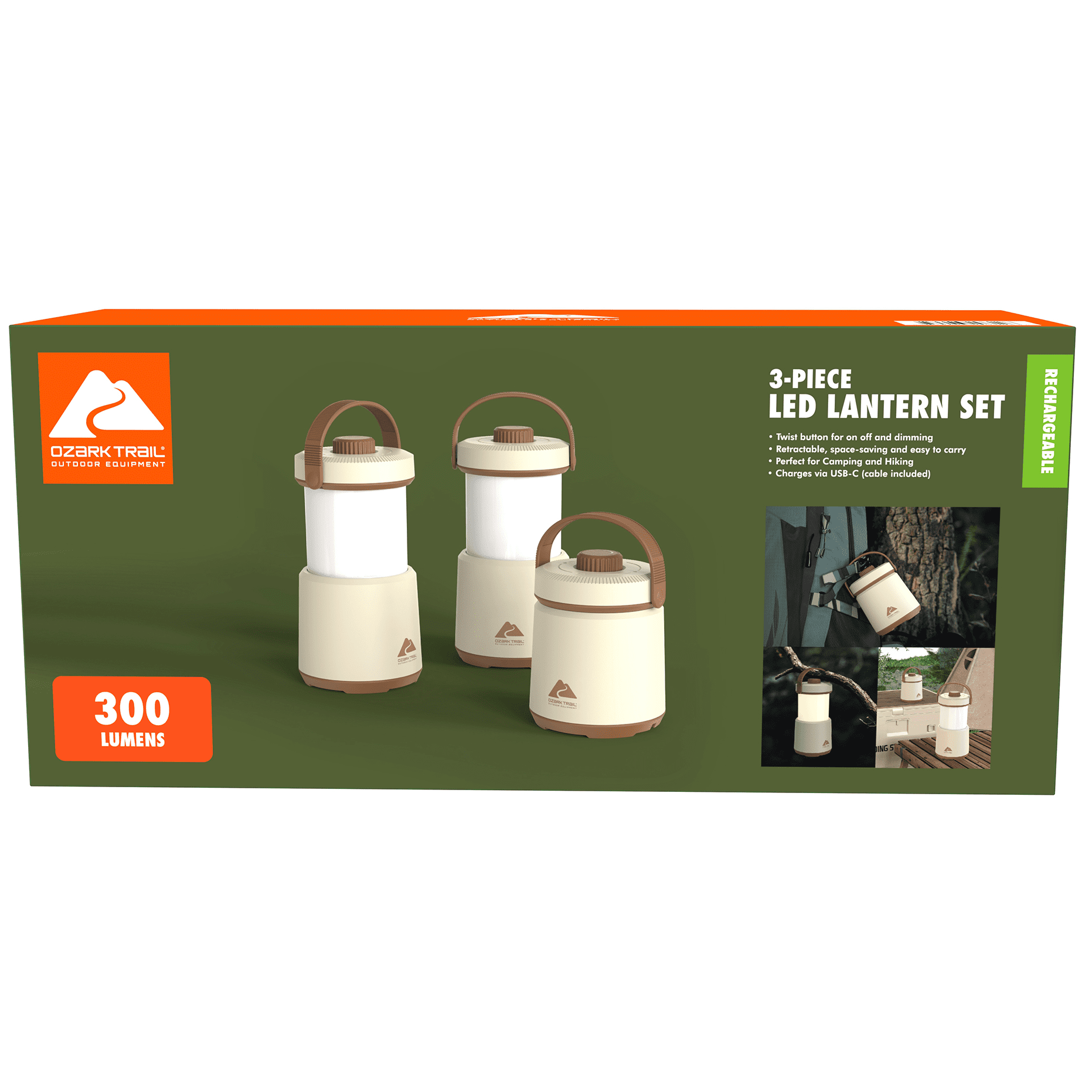 Ozark Trail Rechargeable LED Camping Lanterns, 3-Pack, 300 Lumens