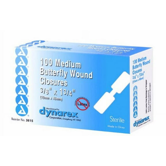 Dynarex Adhesive Bandage, Butterfly Fab, Medium, 3/8 Inches x 1 13/16 Inches Sterile, 100 Count (Pack of 3)