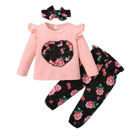

KIMI BEAR Pants Outfits For Toddler Baby Girls 3T Girls Fall Winter Clothing Set Round Neck Floral Heart Pattern Print Long Sleeve Top Pants Headband 3PCs Set 3-4 Years Pink