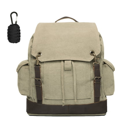 Vintage Canvas Rucksack Backpack, Khaki with FREE Paracord Survival (Best Tool Backpack Review)