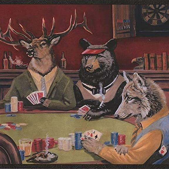 Concord Wallcoverings Wallpaper Border Vintage Poker Pattern Moose Bear Elk Fox Sheep Playing Game for Dining Area Cottage, Brown Green Blue Yellow Red Black, Size 9 Inches by 15 Feet LL50163B